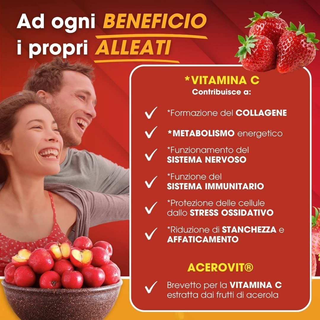 Un uomo e una donna sorridono. Accanto, un elenco dei benefici della vitamina C e delle ciliegie acerola.