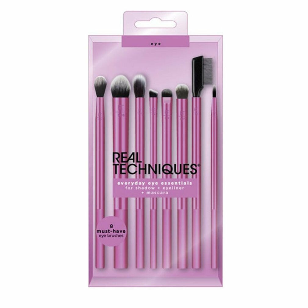 Set di 8 pennelli occhi in confezione. Marchio REAL TECHNIQUES. Testo: everyday eye essentials.