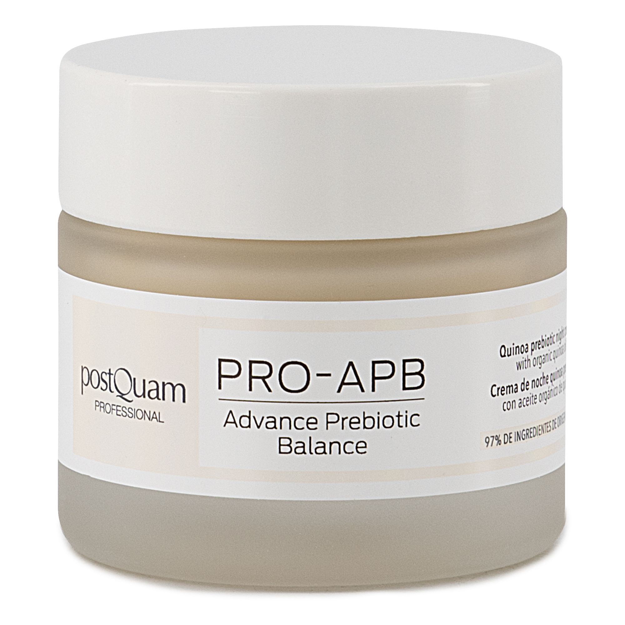 Vaso di crema con coperchio bianco. Scritta: Postquam, PRO-APB, Advance Prebiotic Balance. Testo: Crema notte prebiotica alla quinoa. 97% ingredienti.