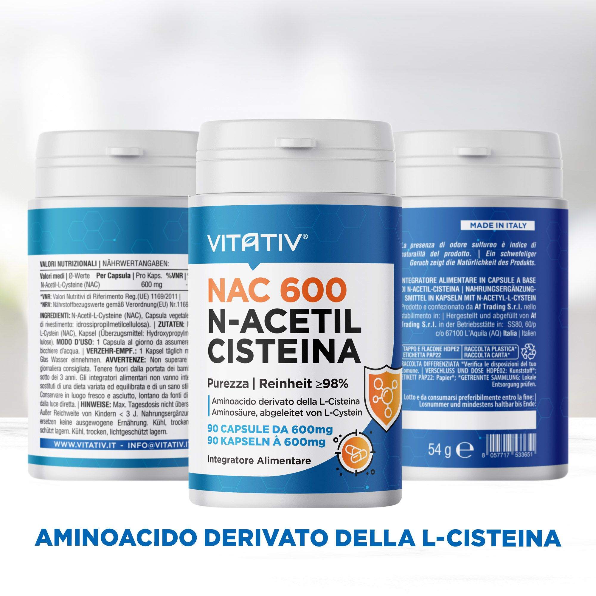 VITATIV® NAC 600 N-Acetil-L-Cisteina | 90 Capsule Vegetali | Nac Elevata Purezza