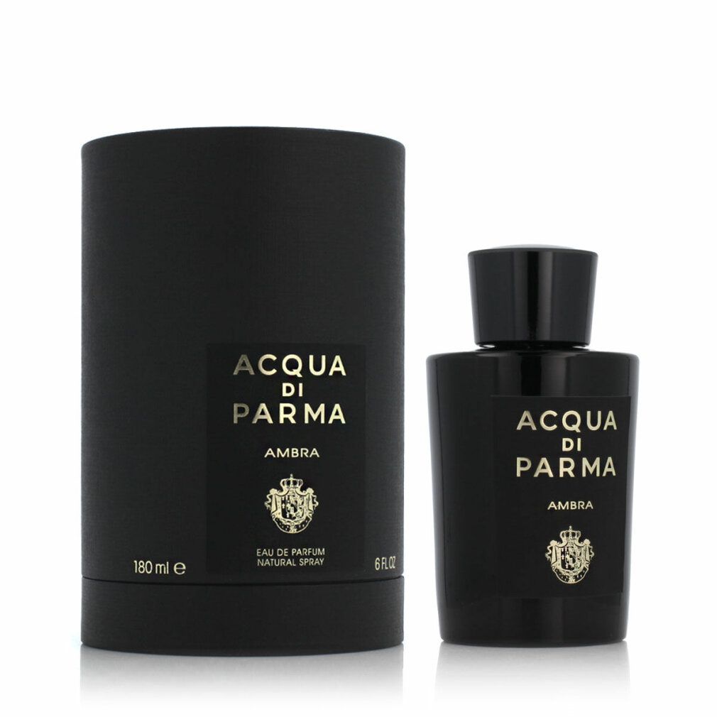 Flacone nero e confezione cilindrica. Scritta: Acqua di Parma, Ambra. Confezione: 180 ml, 6 fl.oz.