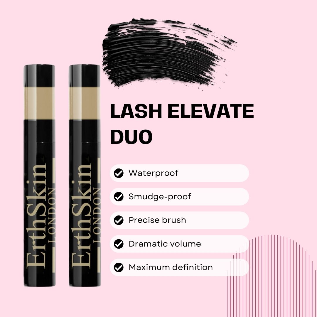 Due tubetti di mascara neri con testo dorato. Scritto: ErthSkin London. Zona beige in alto. Testo: Lash Elevate Duo, Waterproof, Smudge-proof.
