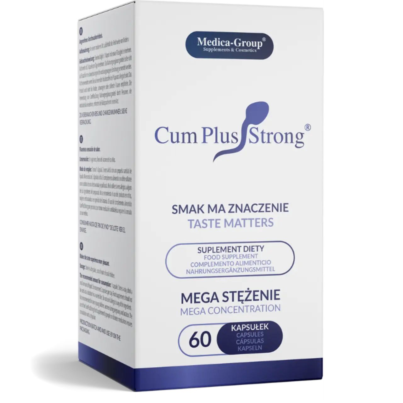 Scatola bianca con testo. Scritta: Cum Plus Strong, 60 capsule. Marchio: Medica-Group.
