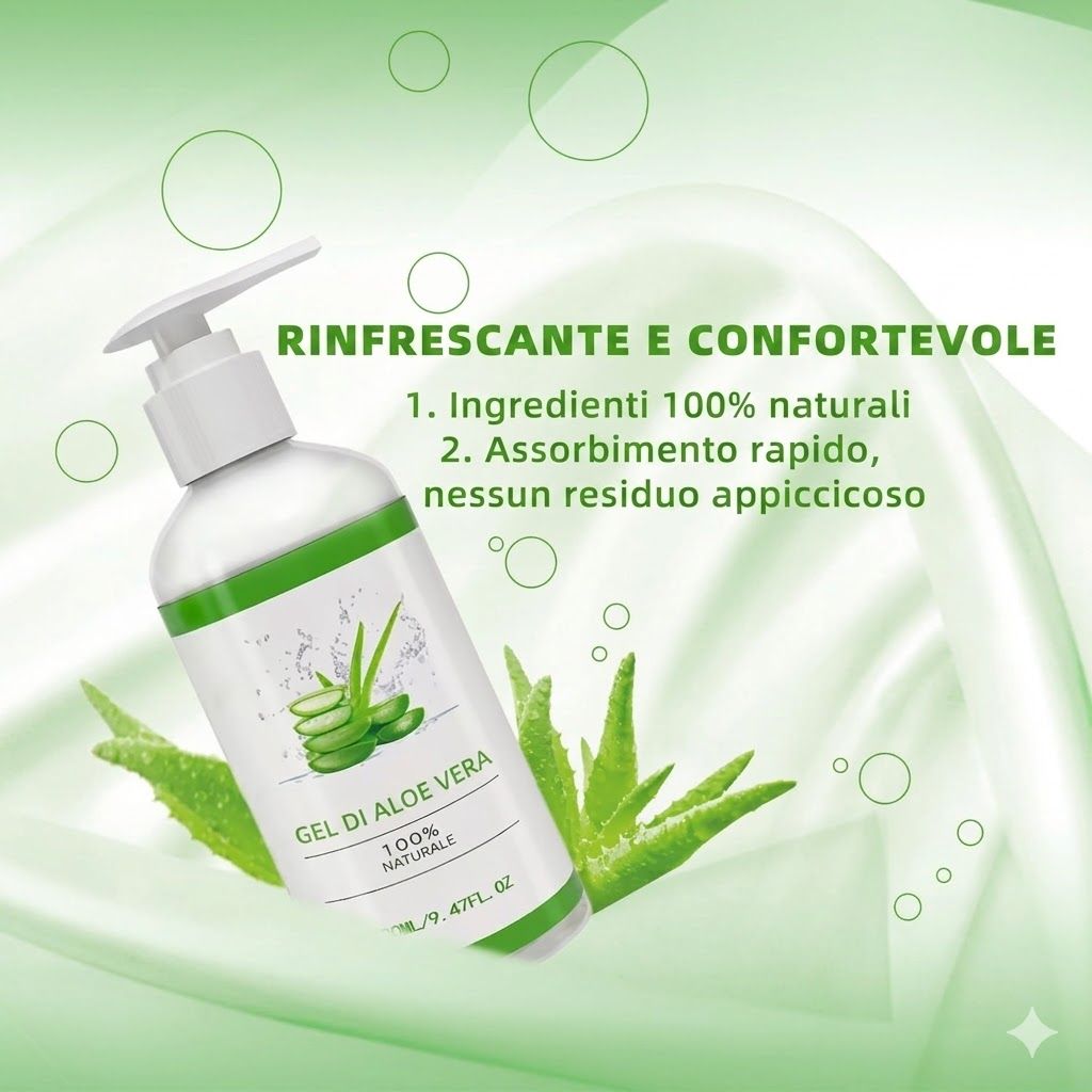 Flacone di gel di aloe vera con dispenser. Etichetta verde e bianca. Foglie di aloe vera sullo sfondo. Testo: Gel di Aloe Vera, 100% Natural.