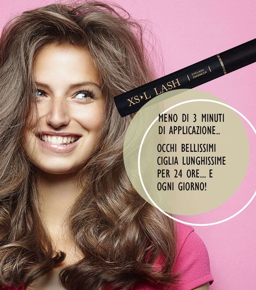 Giovane donna sorridente. Flacone del prodotto con la scritta XS LASH. Testo: Meno di 3 minuti di applicazione.