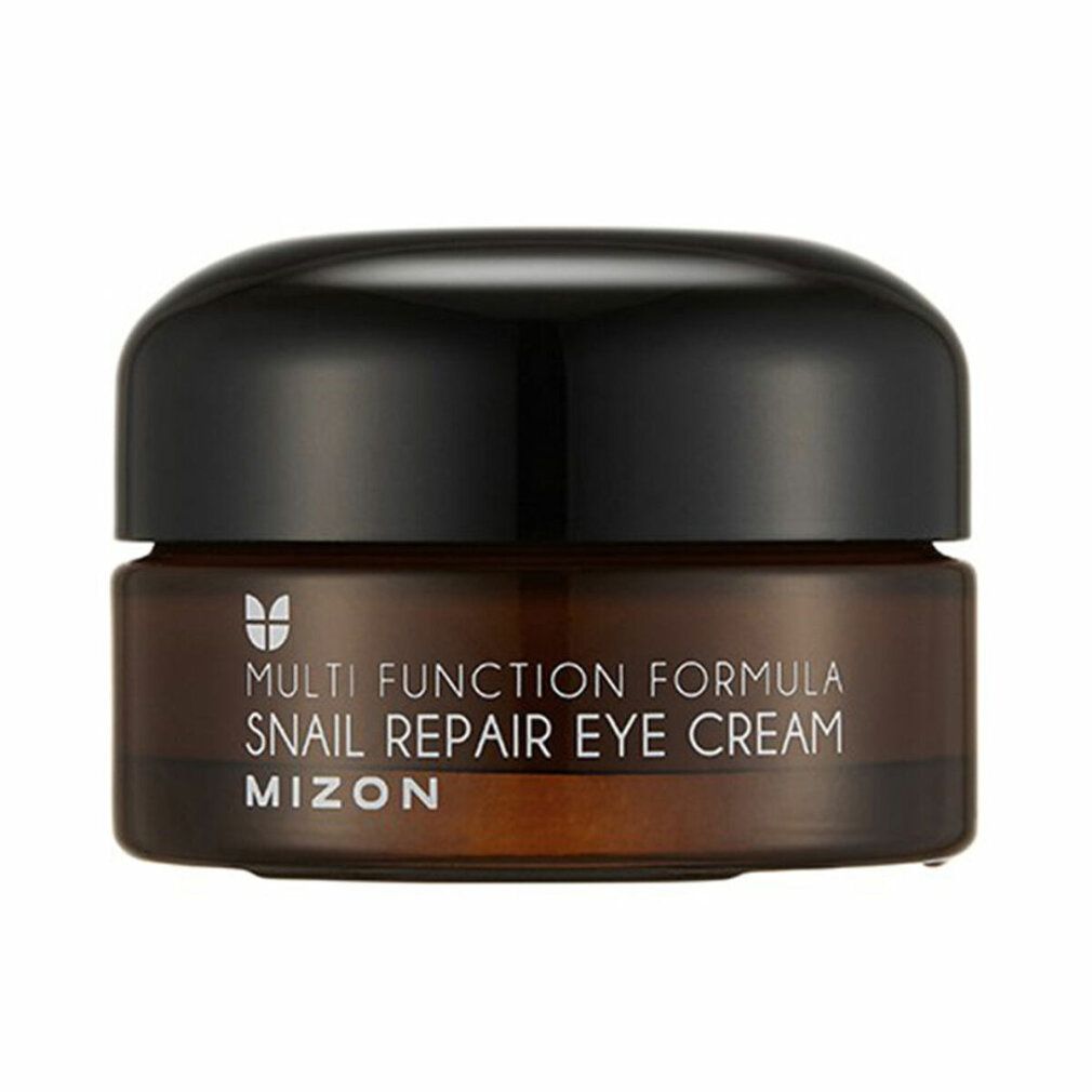 Vasetto di vetro marrone con coperchio nero. Scritta: Multi Function Formula Snail Repair Eye Cream MIZON.