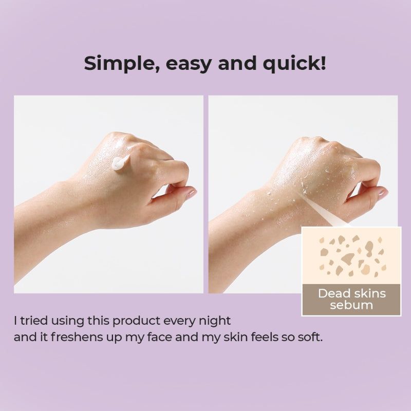Mani che mostrano l'applicazione. Sinistra: gel applicato. Destra: pelle esfoliata. Testo: sebo delle pelli morte.