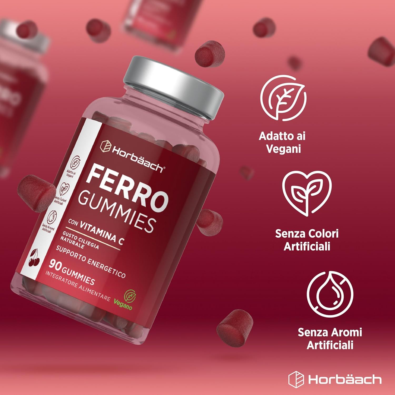 Flacone Horbäach Ferro Gummies con Vitamina C. 90 caramelle. Senza coloranti e aromi artificiali. Adatto ai vegani.