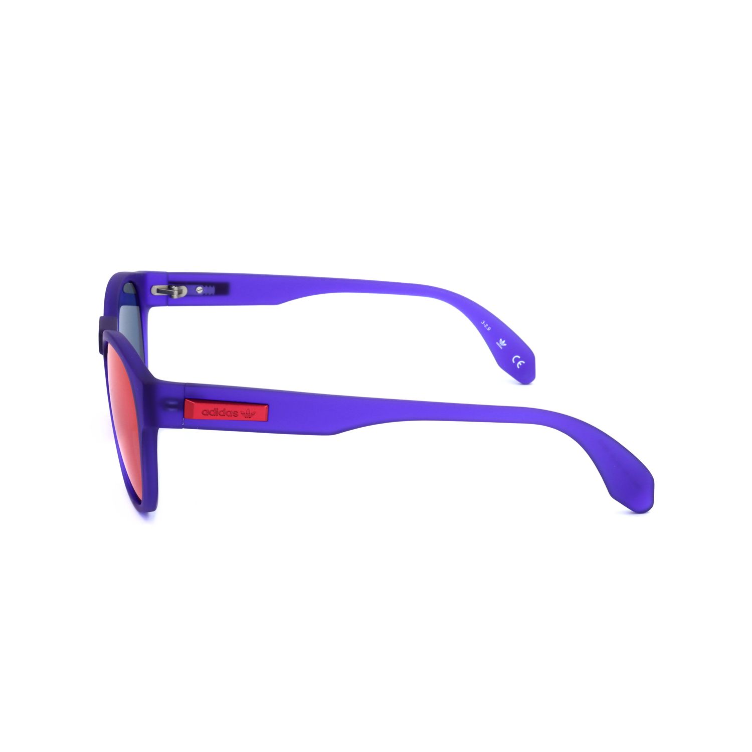 Occhiali da sole Adidas viola con lenti rosse e logo sul braccio.