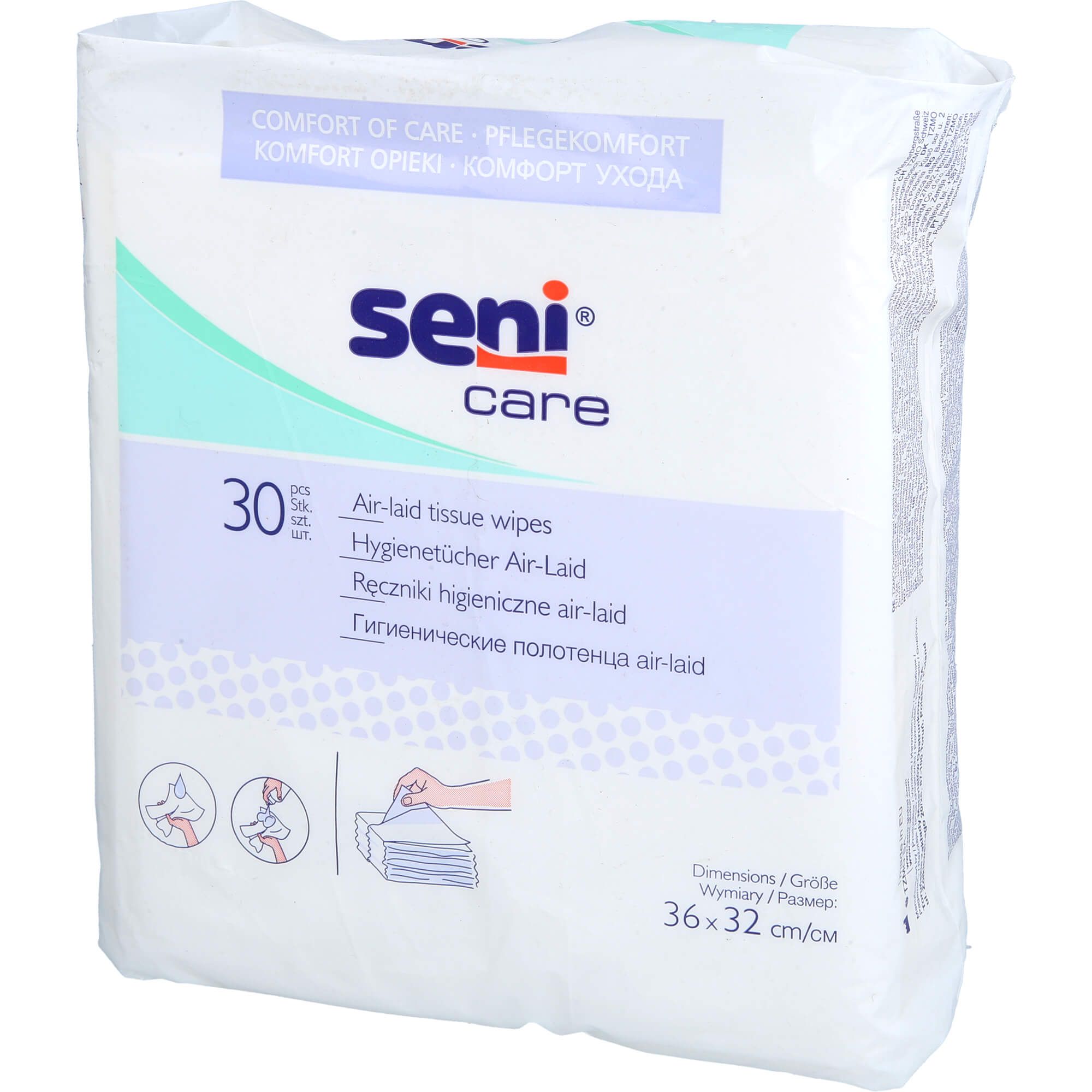 Confezione bianca di salviette Seni Care. Scritta: Seni Care, 30 pezzi, Air-laid tissue wipes. Dimensioni: 36x32 cm.