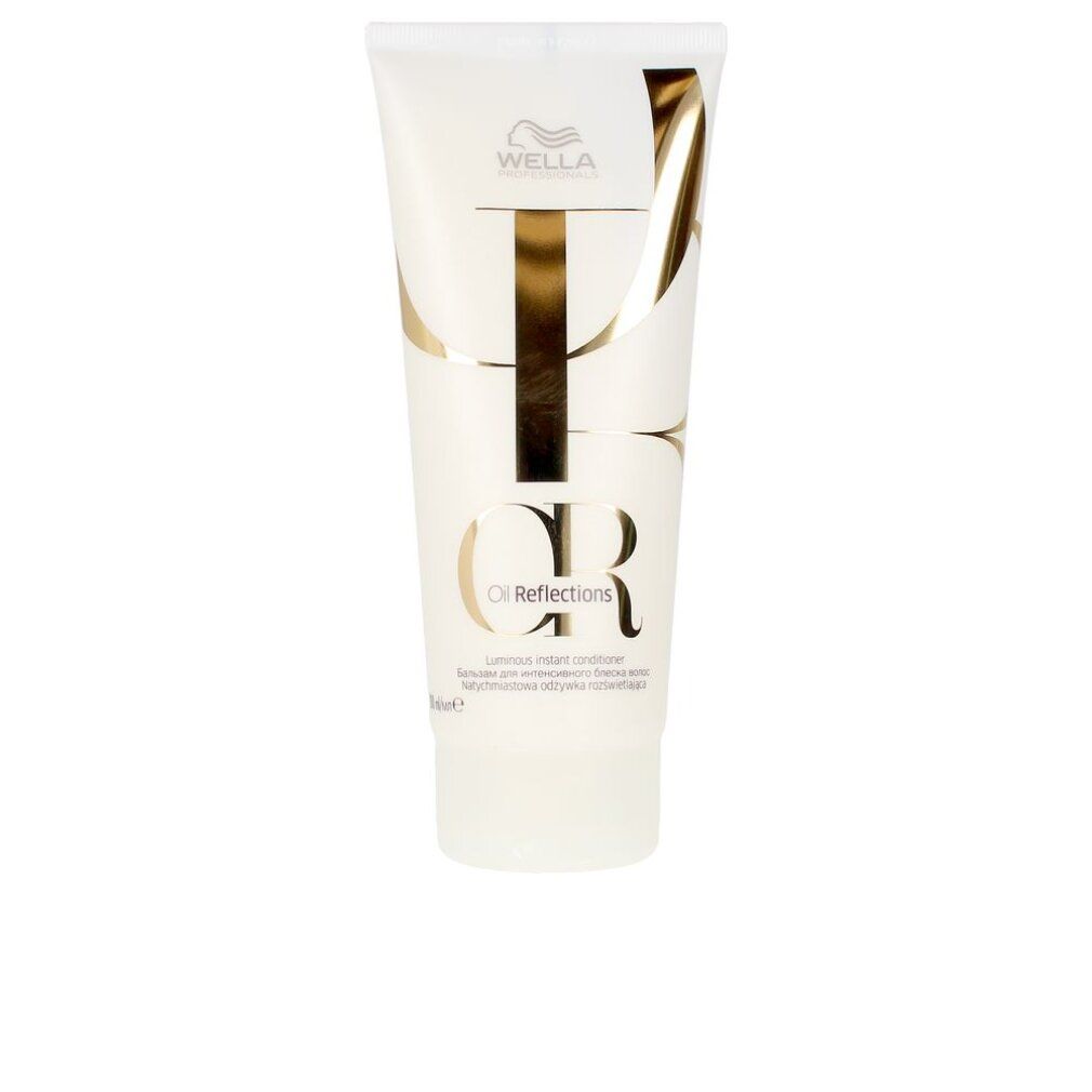 Tubo bianco con scritta dorata "Wella". Nome prodotto "Oil Reflections" e "Luminous Instant Conditioner".