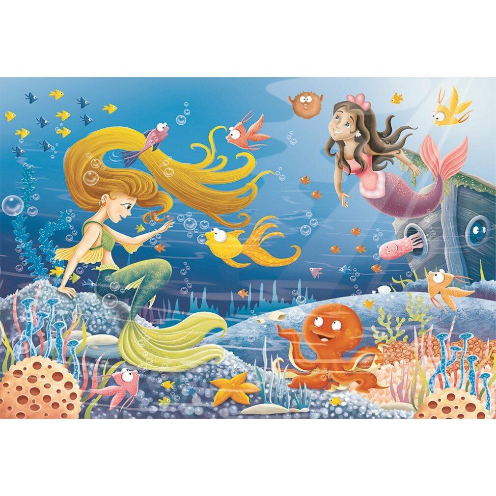 Puzzle sottomarino con sirene, pesci e polpo. Illustrazione colorata con motivi marini.