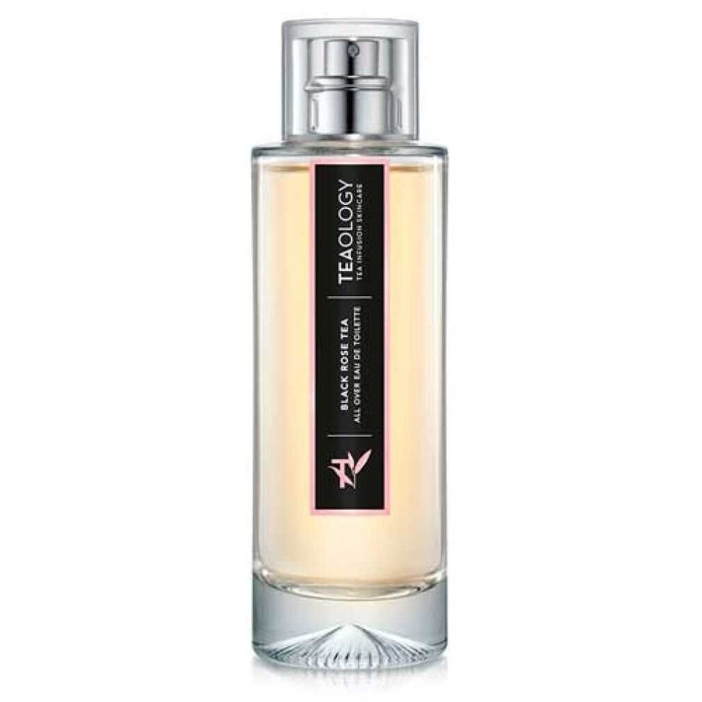 Flacone cilindrico in vetro con vaporizzatore. Etichetta nera con logo e testo: BLACK ROSE TEA, ALL OVER EAU DE TOILETTE. TEAOLOGY.