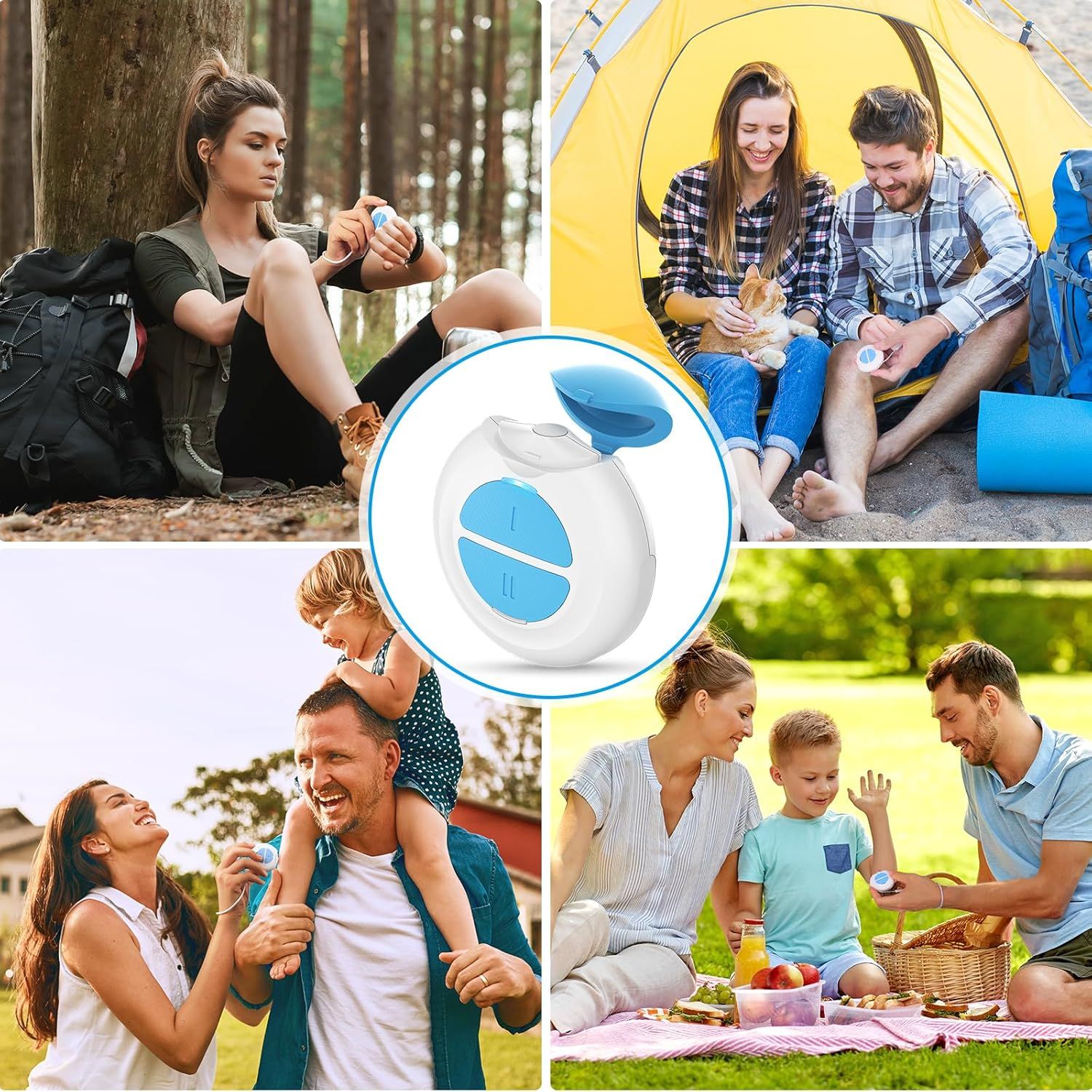 Dispositivo con due pulsanti blu, bianco. Diversi scenari di utilizzo: natura, picnic, vita quotidiana.