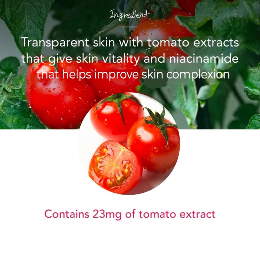 Testo con informazioni sul prodotto. Contiene 23mg di estratto di pomodoro. Illustrazioni di pomodori.