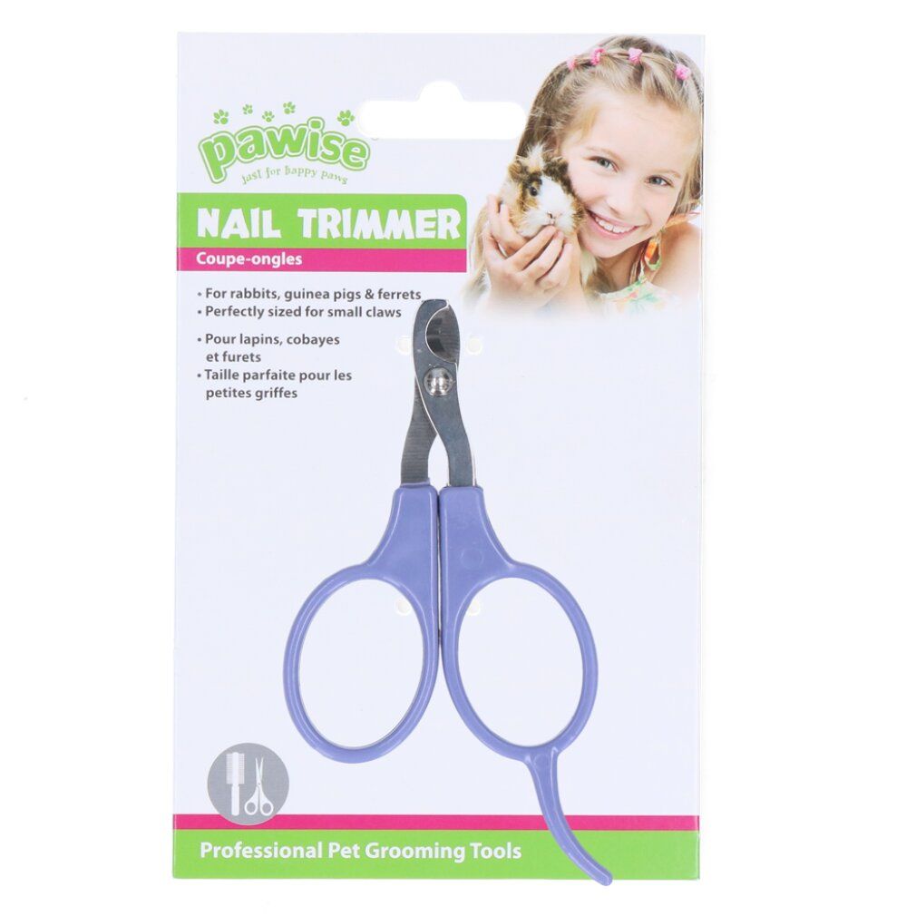 Confezione con tronchesi per unghie. Nome del prodotto: Nail Trimmer. Marchio: Pawise. Illustrazione di un bambino con un porcellino d'India.