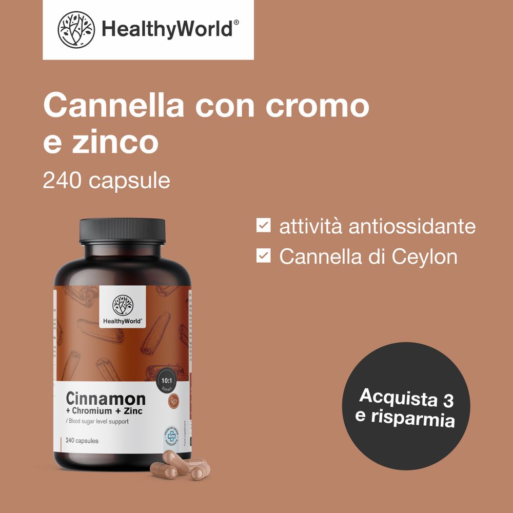 Flacone di capsule e bastoncini di cannella su un piatto bianco. Scritta: Cannella + Cromo + Zinco. Logo: HealthyWorld.