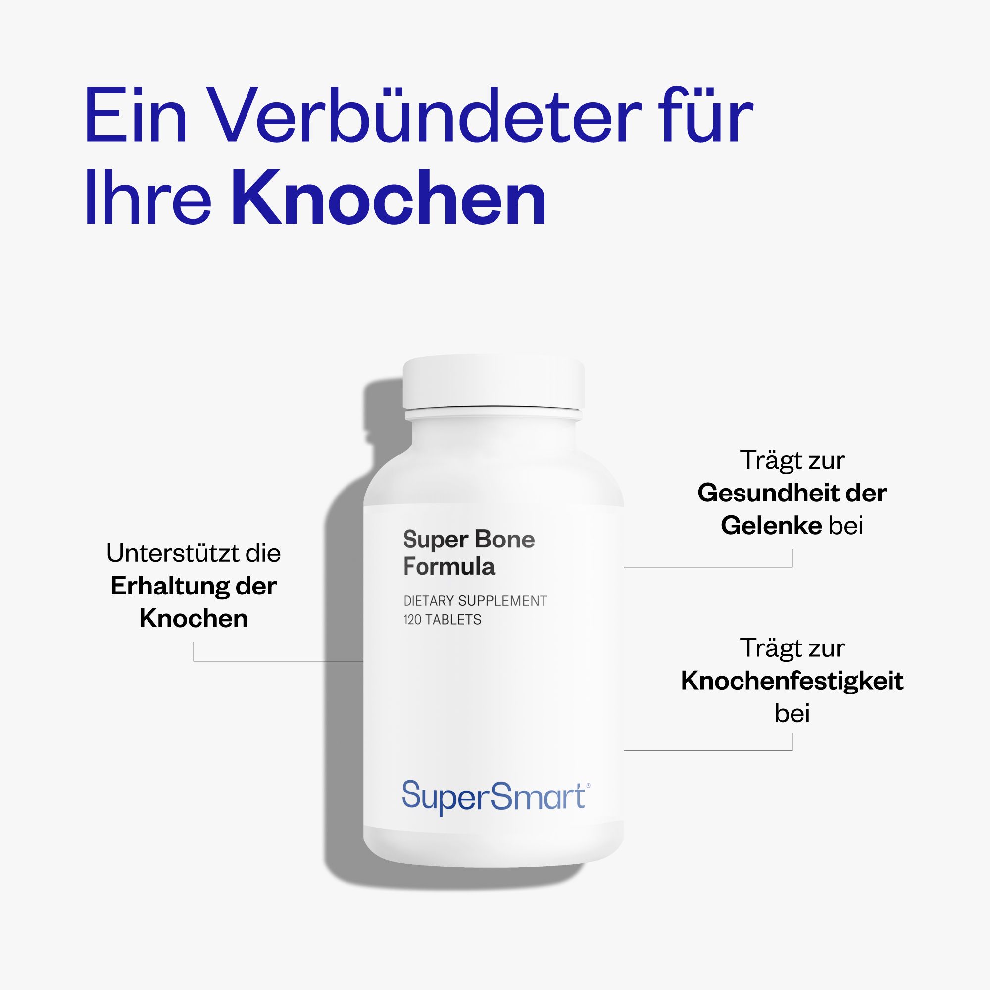 Flacone bianco Super Bone Formula, 120 compresse. Marca SuperSmart.