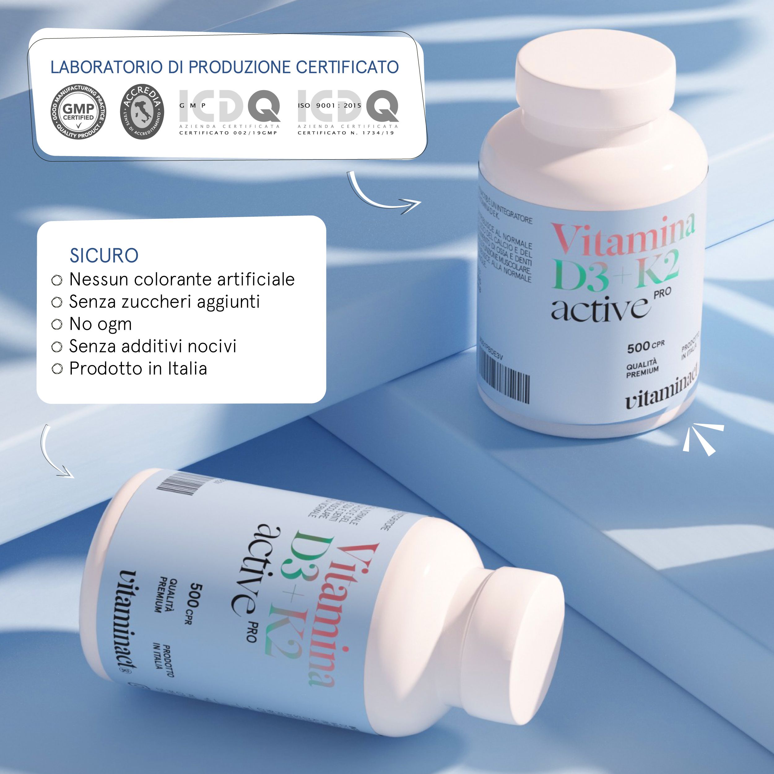 Due flaconi di Vitamina D3+K2 active pro. Certificazioni visibili. Marchio Vitaminact.