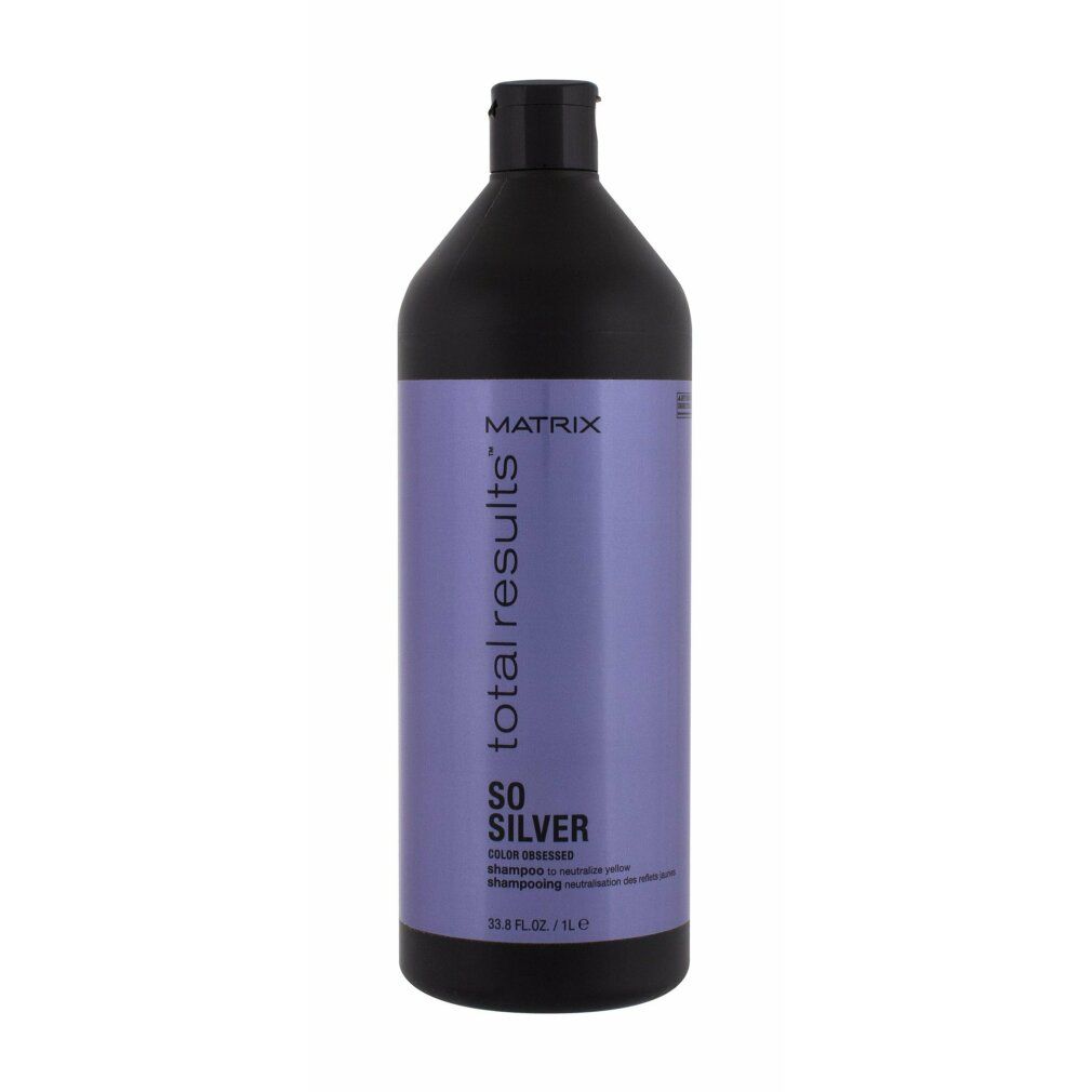 Flacone nero con etichetta viola. Scritta: Matrix Total Results So Silver Shampoo.