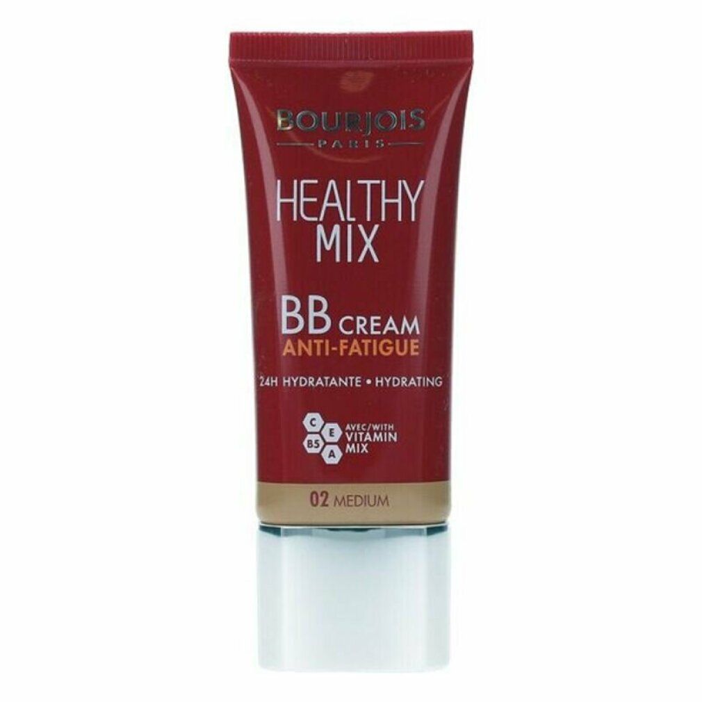 Tubo rosso Bourjois Healthy Mix BB Cream 02 Medium. Testo: Healthy Mix, BB Cream Anti-Fatigue, 24H Hydratante + Hydrating.