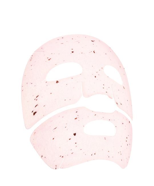 Maschera viso in idrogel rosa con particelle scure. Fori per occhi, naso e bocca.