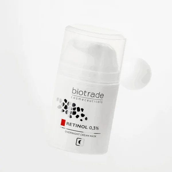 Flacone bianco Biotrade, Retinolo 0,3% e maschera notte. Flacone sospeso.