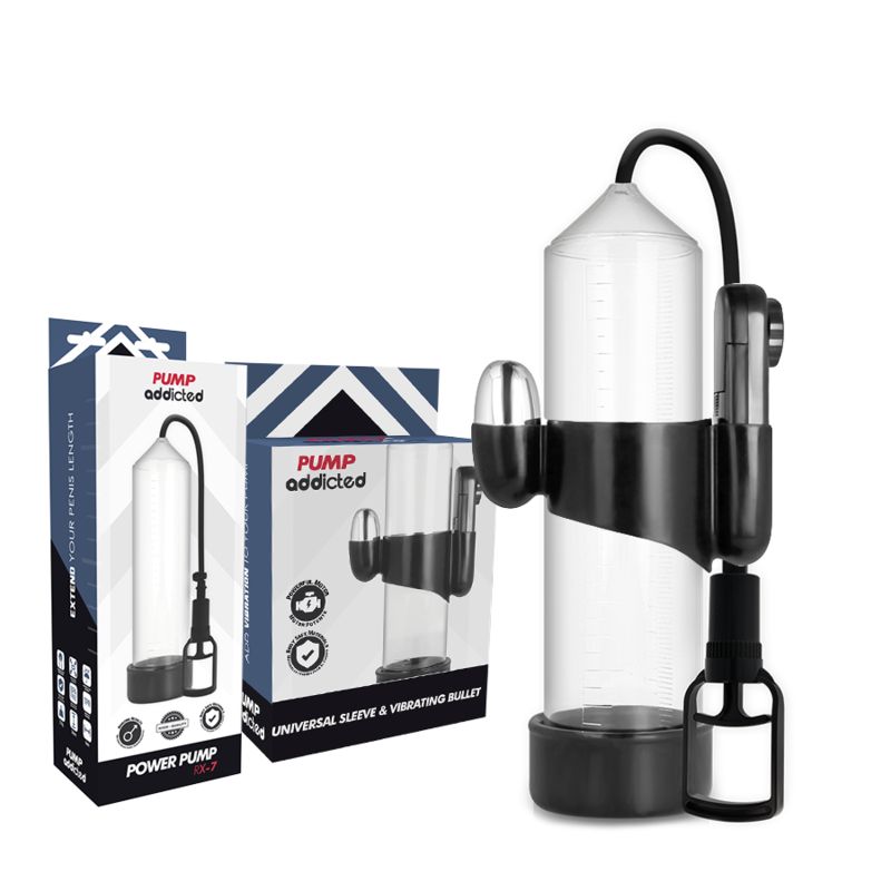 Cilindro trasparente con base nera e tubo. Due confezioni con immagine del prodotto e scritta "Pump Addicted".