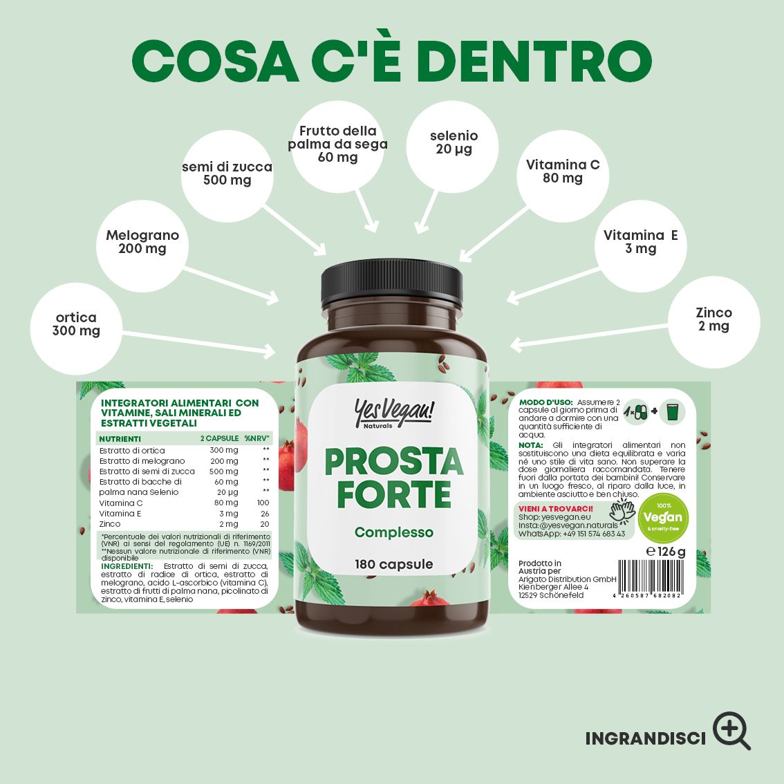 Barattolo Prosta Forte Komplex da 180 capsule con sigillo vegano e due capsule.