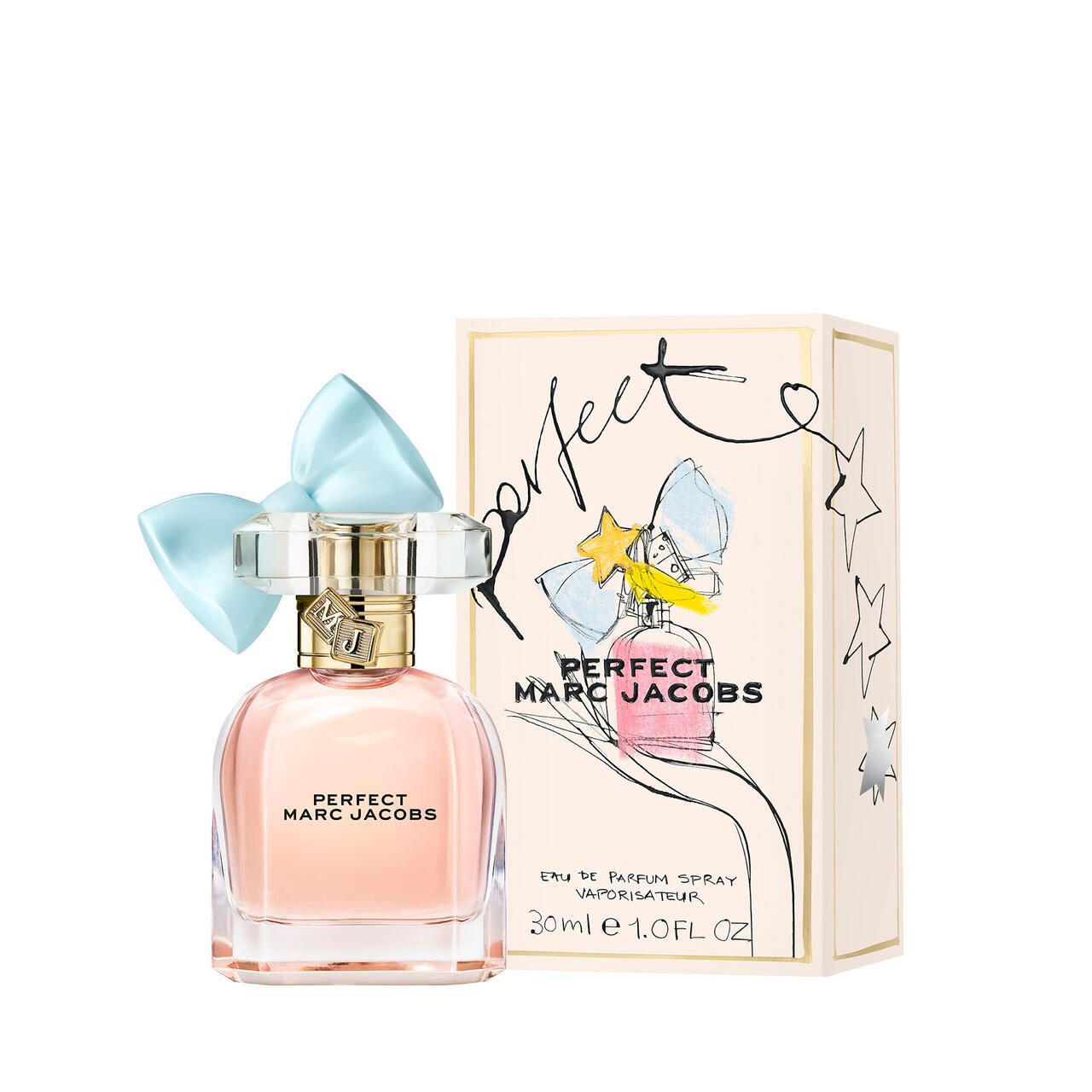 Flacone di profumo e confezione. Flacone con tappo a fiocco azzurro. Confezione con scritta: PERFECT MARC JACOBS. 30ml.