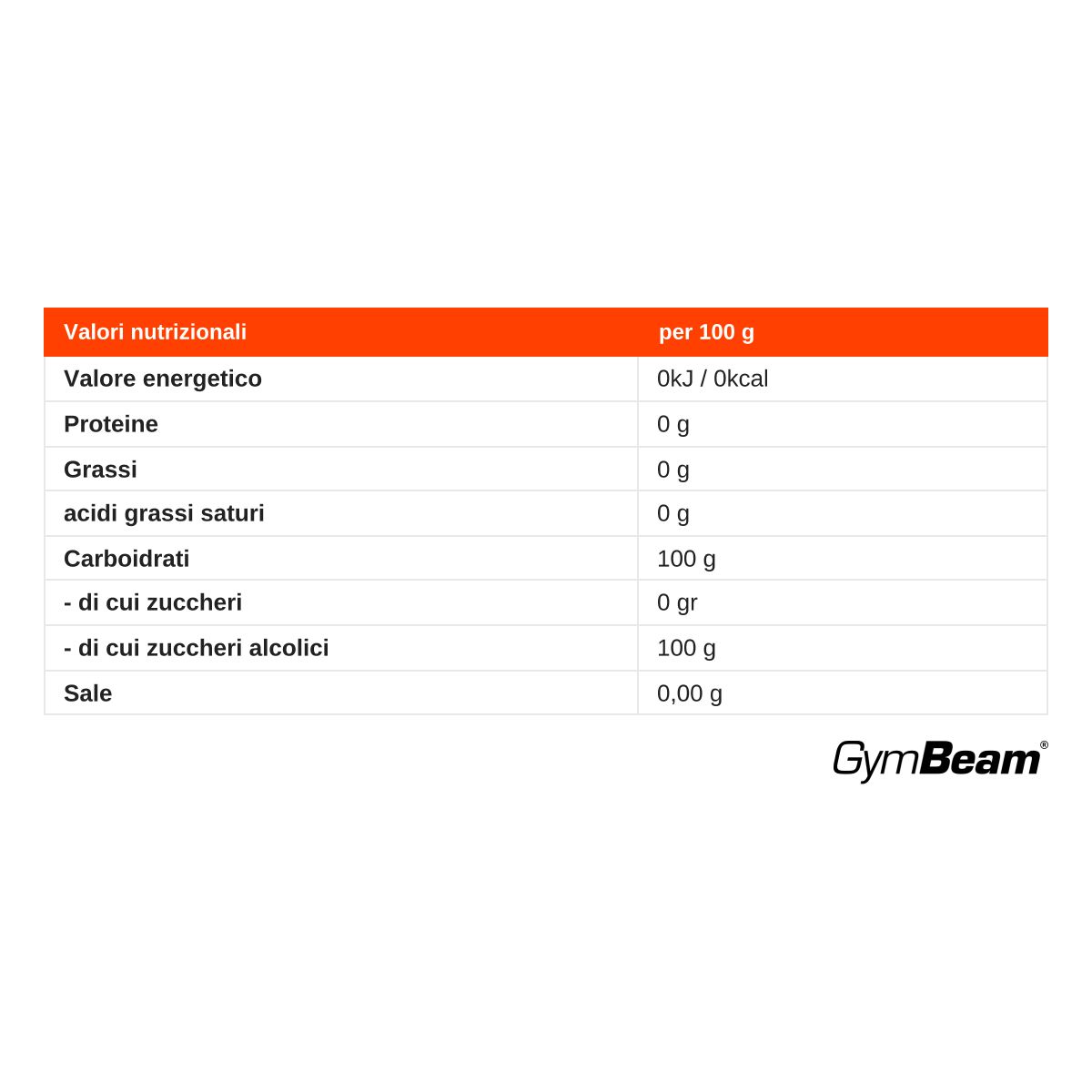 Valori nutrizionali per eritritolo GymBeam: 0g grassi, 100g carboidrati, 100g zuccheri alcolici.