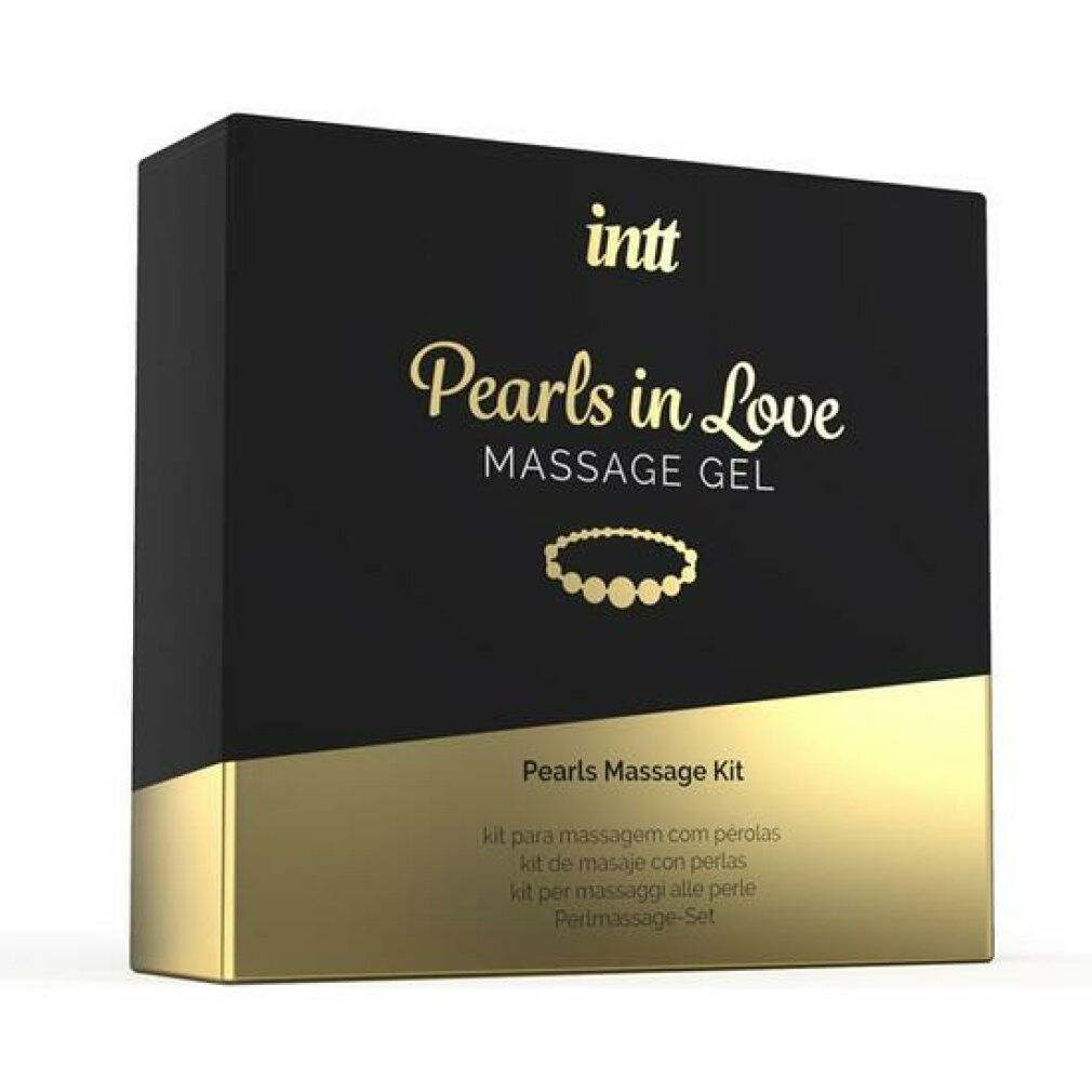 Scatola nera e oro. Scritta: intt, Pearls in Love Massage Gel. Sottotitolo: Pearls Massage Kit.