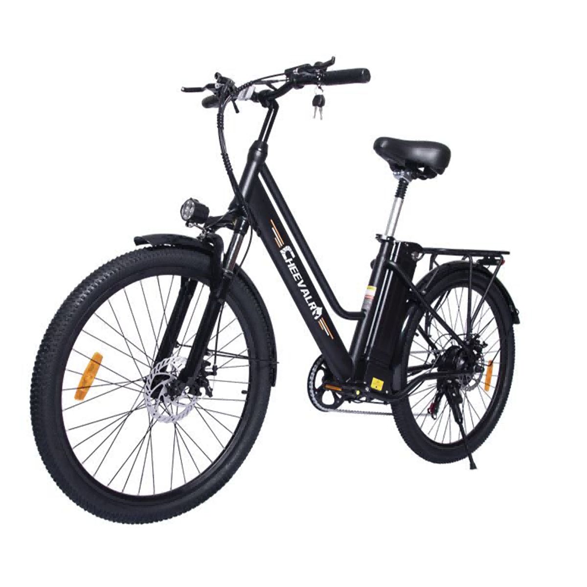 Bicicletta elettrica nera con faro anteriore. Marchio Cheevalry.