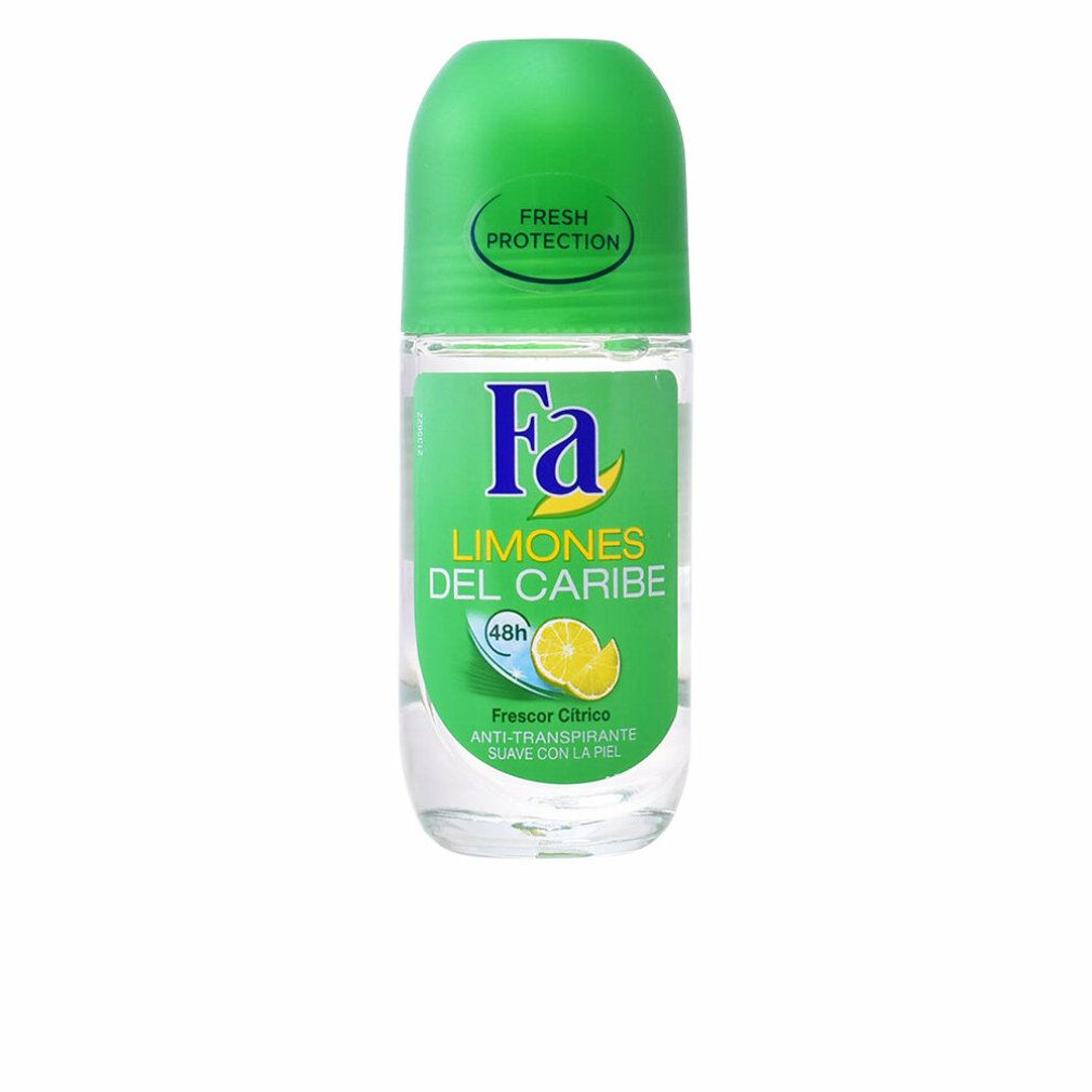 Roll-on deodorante con tappo verde. Scritta "Fa" e "LIMONES DEL CARIBE". Immagine di limone. "48h" e "ANTI-TRANSPIRANTE".