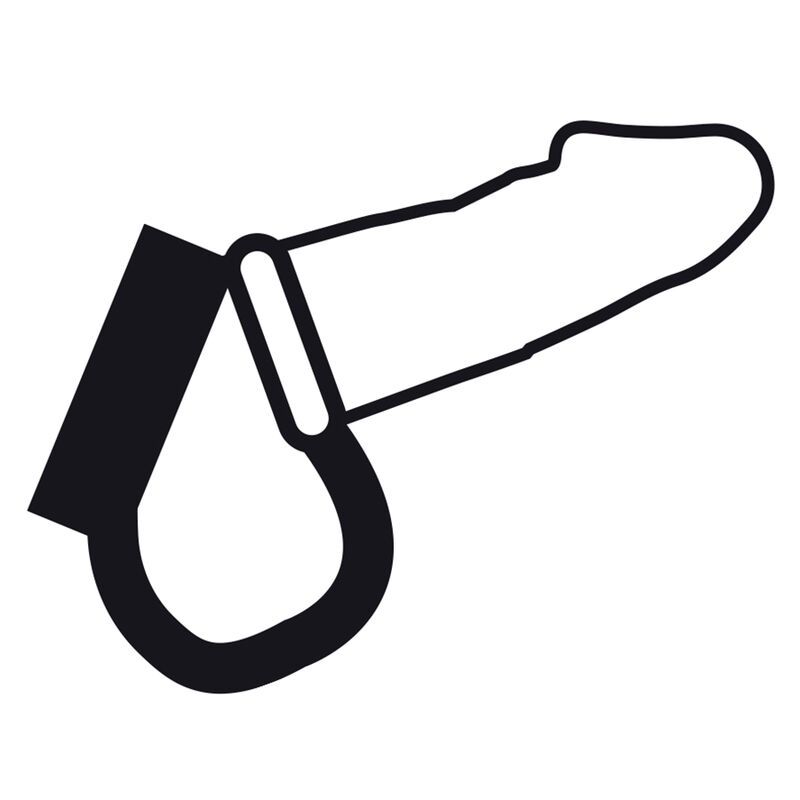 Illustrazione in bianco e nero di un anello per pene e scroto. L'anello circonda il pene. L'anello è in metallo.