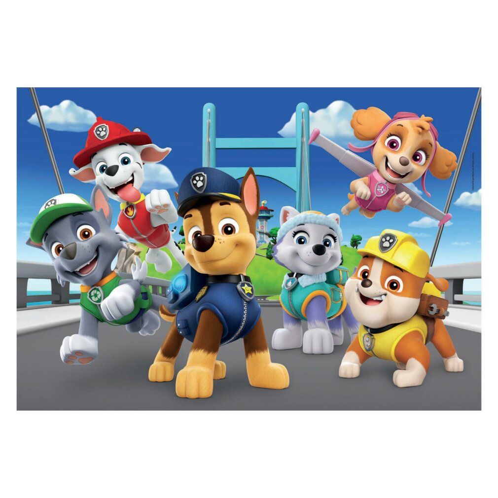 Motivo puzzle con personaggi di Paw Patrol. Cani su un ponte. Cielo blu. Senza confezione.