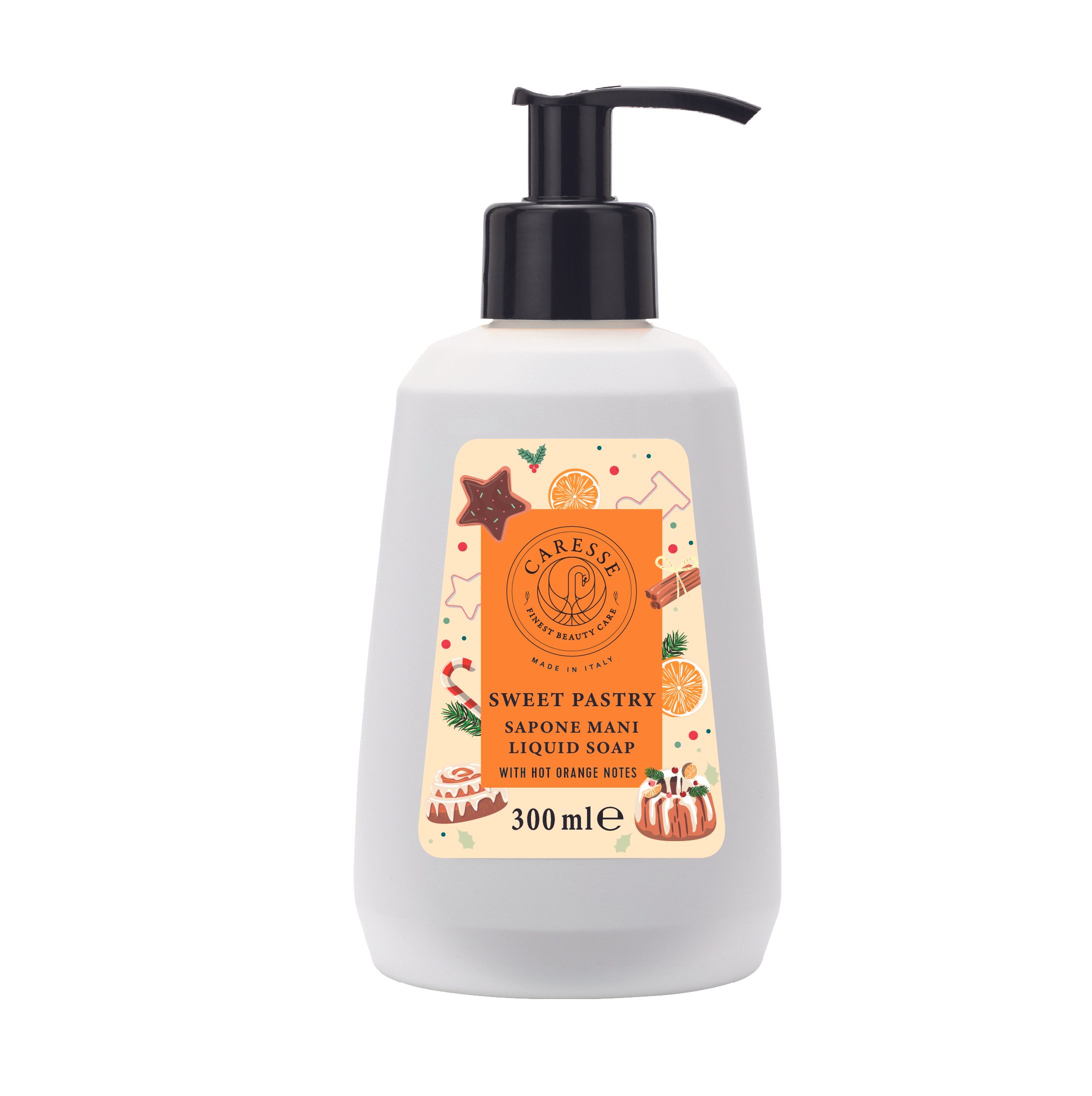 Flacone bianco con dispenser, etichetta arancione, "Sweet Pastry Liquid Soap" 300ml.