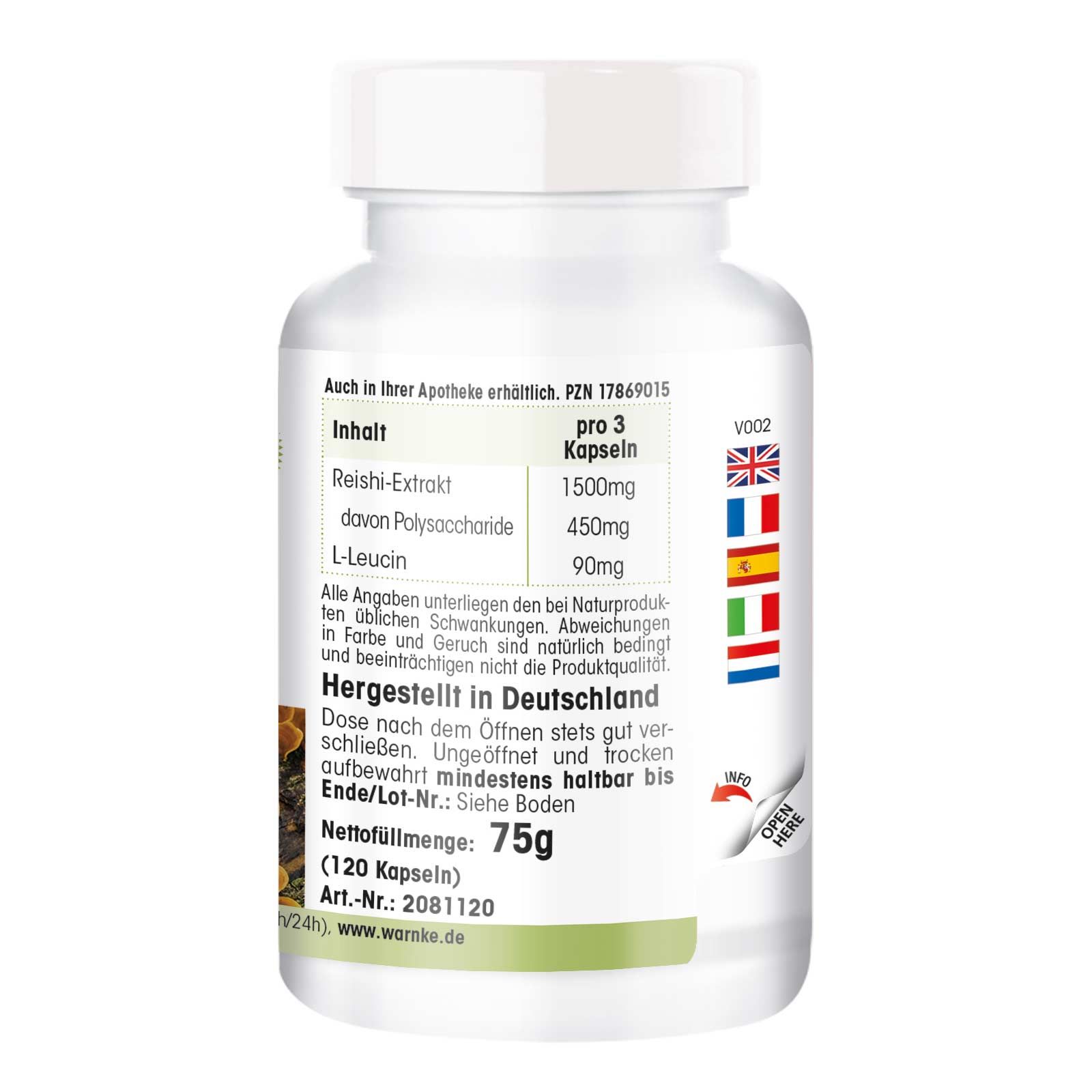 Retro del flacone bianco di Reishi-Extrakt. Testo: Contenuto, prodotto in Germania, peso netto 75g, 120 capsule.