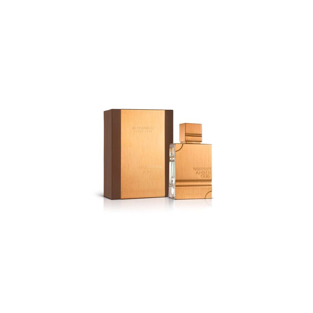 Flacone e confezione dorati. Scritta: Al Haramain Amber Oud Gold Edition. Flacone con tappo quadrato e forma rettangolare.