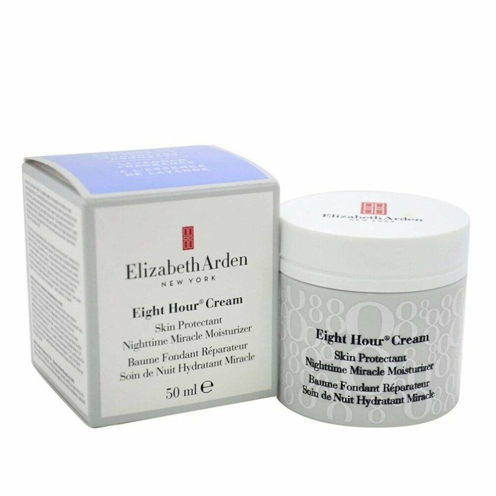 Vaso di crema e scatola. Scritta: Eight Hour Cream, Skin Protectant, Nighttime Miracle Moisturizer. Marchio: Elizabeth Arden.