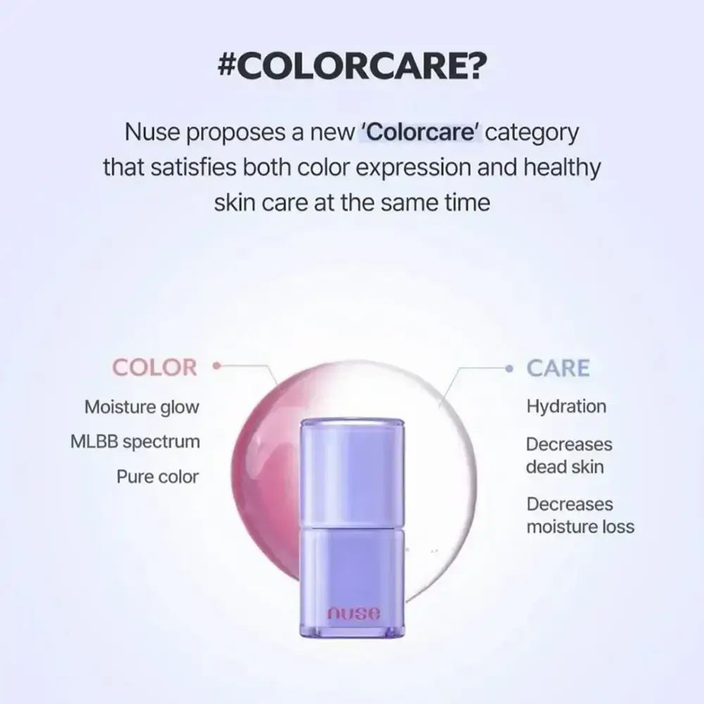 Infografica con prodotto e testo. Prodotto: lucidalabbra viola. Testo: #COLORCARE?, colore, cura, Nuse.