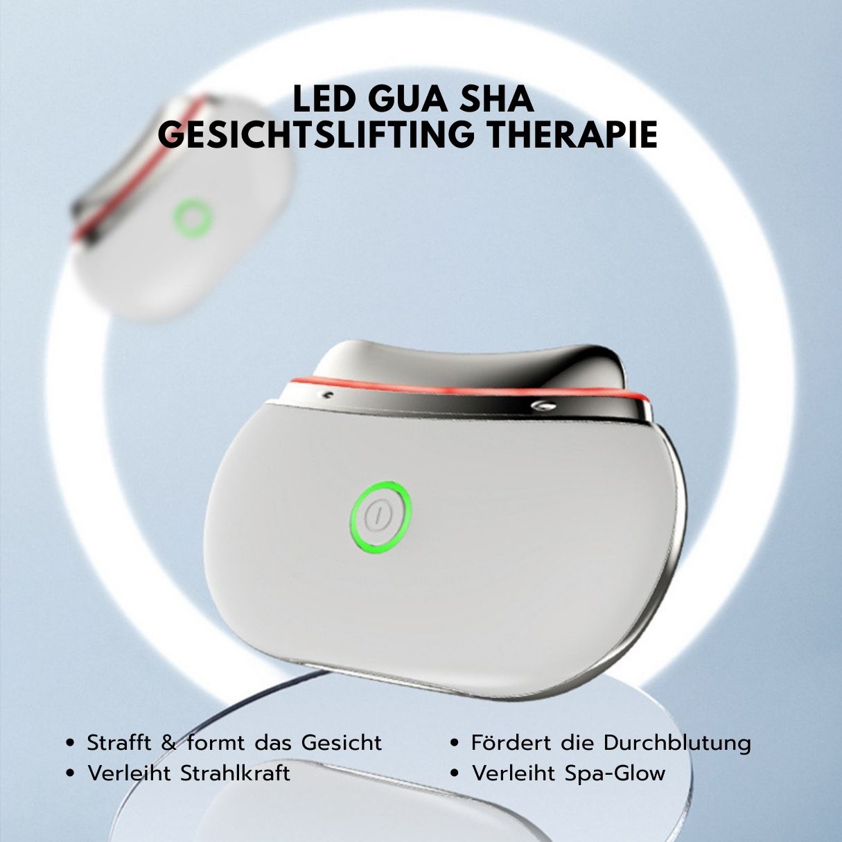 Dispositivo bianco LED Gua Sha Lifting con testo: 'LED GUA SHA FACE LIFTING THERAPY'.