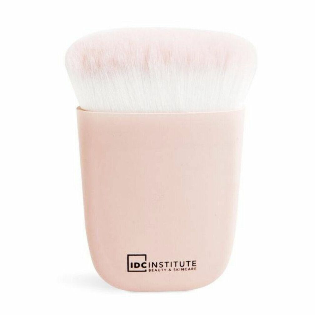Pennello per polveri con manico rosa e setole bianche. Logo IDC INSTITUTE.