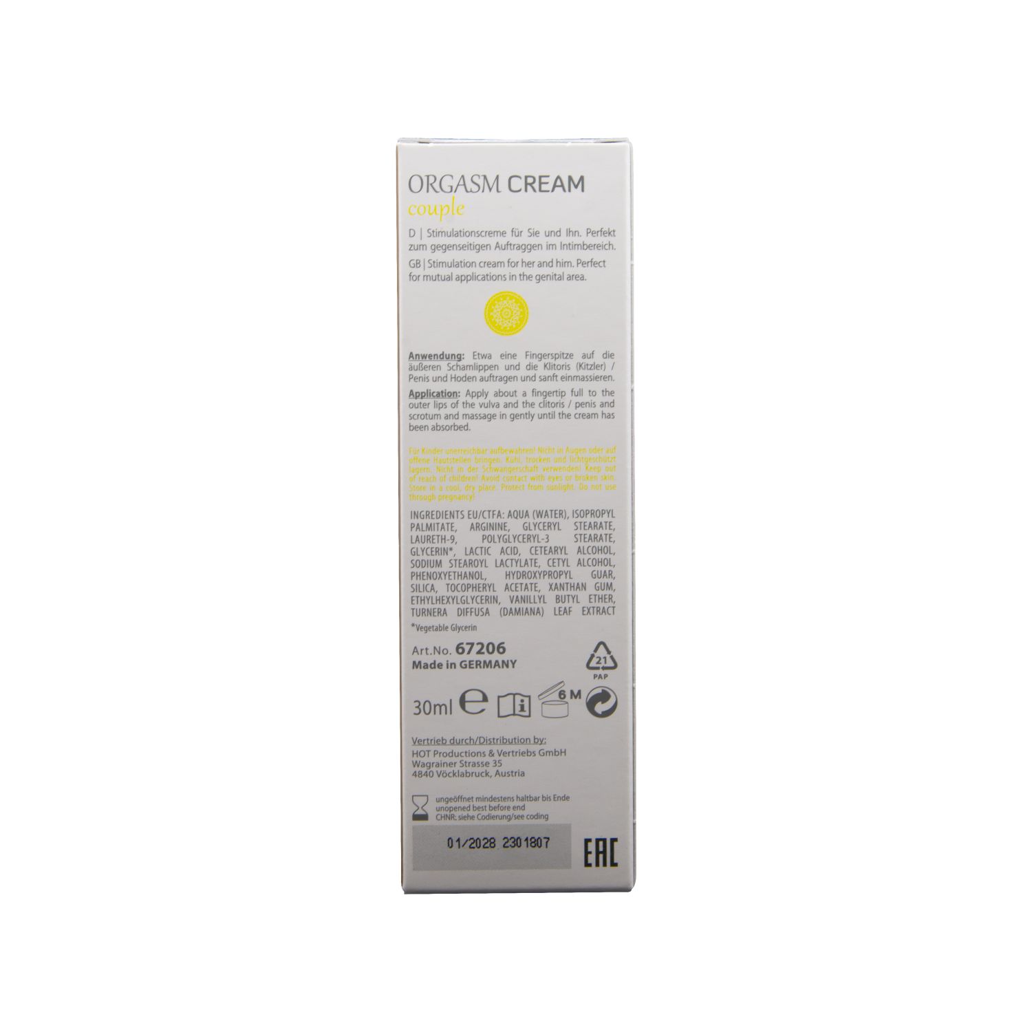 Retro della confezione gialla per crema orgasmo con ingredienti e indicazione 30 ml.