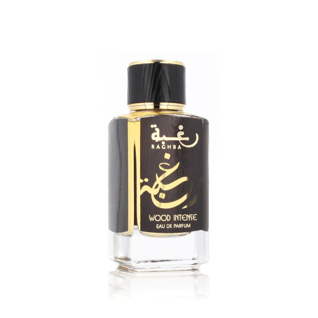 Flacone di profumo. Scritta: Raghba Wood Intense Eau de Parfum. Tappo nero, dettagli dorati.