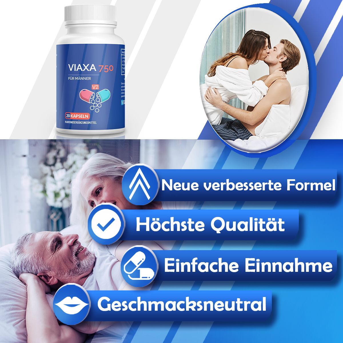 Flacone di Viaxa 750 für Männer. Scritta: 20 capsule. Sfondo: coppie, testo: Nuova formula migliorata, Massima qualità, Facile assunzione.