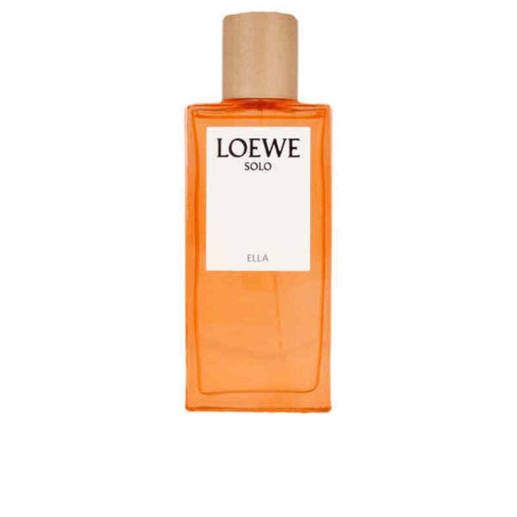 Loewe Solo Ella Eau de Parfum Spray. Flacone rettangolare con tappo in legno. Etichetta bianca con logo e nome del prodotto.
