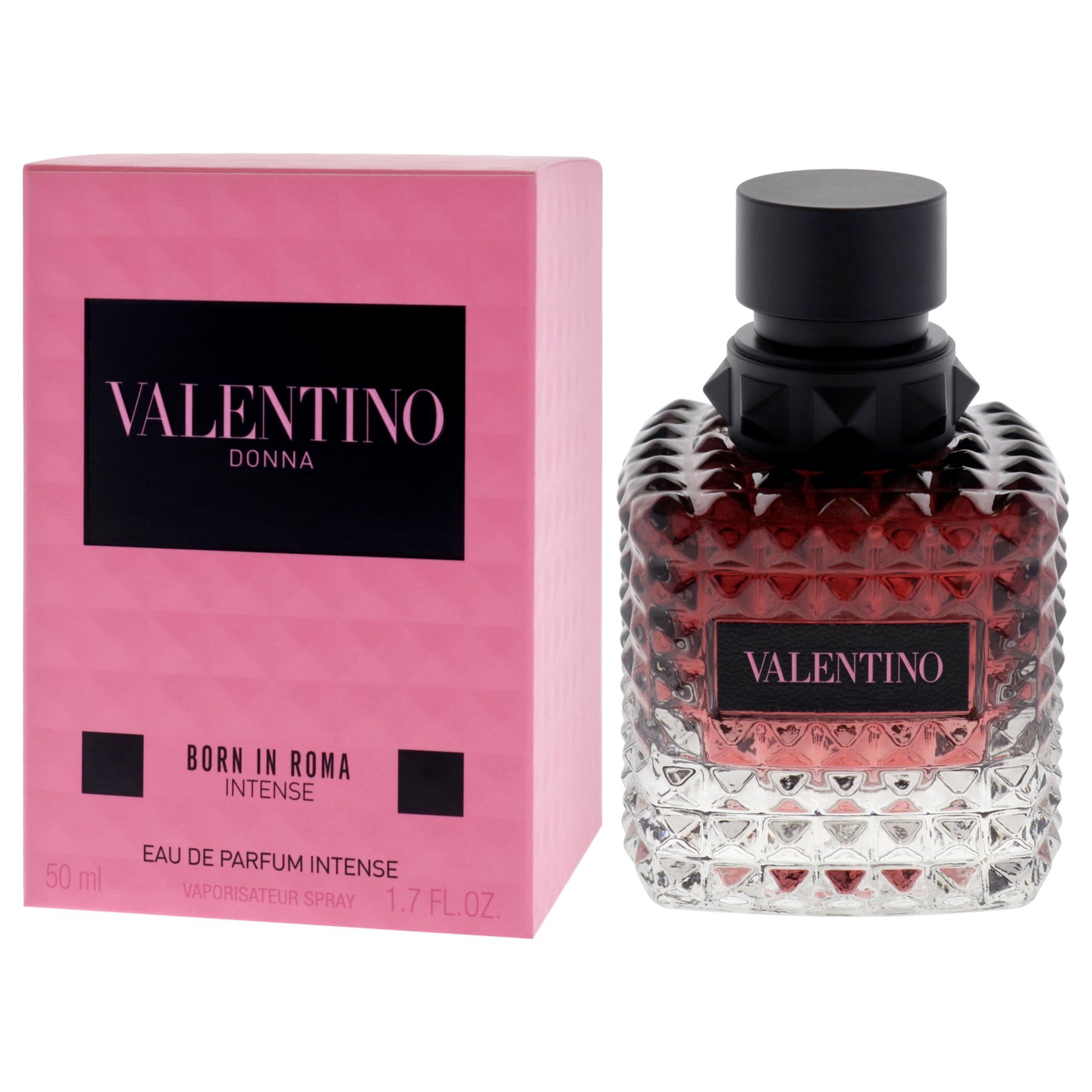 Scatola rosa e flacone. Scritta VALENTINO DONNA BORN IN ROMA INTENSE. Flacone con tappo nero.