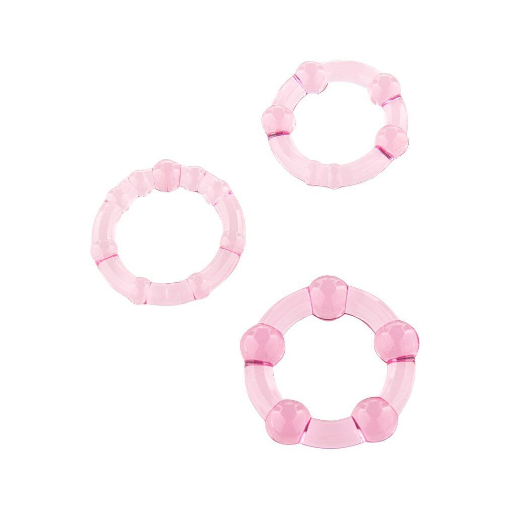 Tre anelli per il pene rosa. Diverse dimensioni e forme. In materiale trasparente con elementi arrotondati.