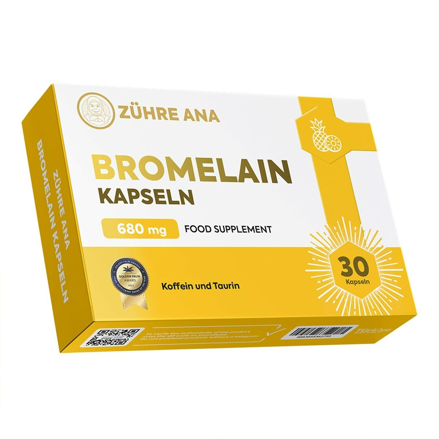 Confezione di capsule di bromelina, 680 mg, 30 capsule, caffeina e taurina.